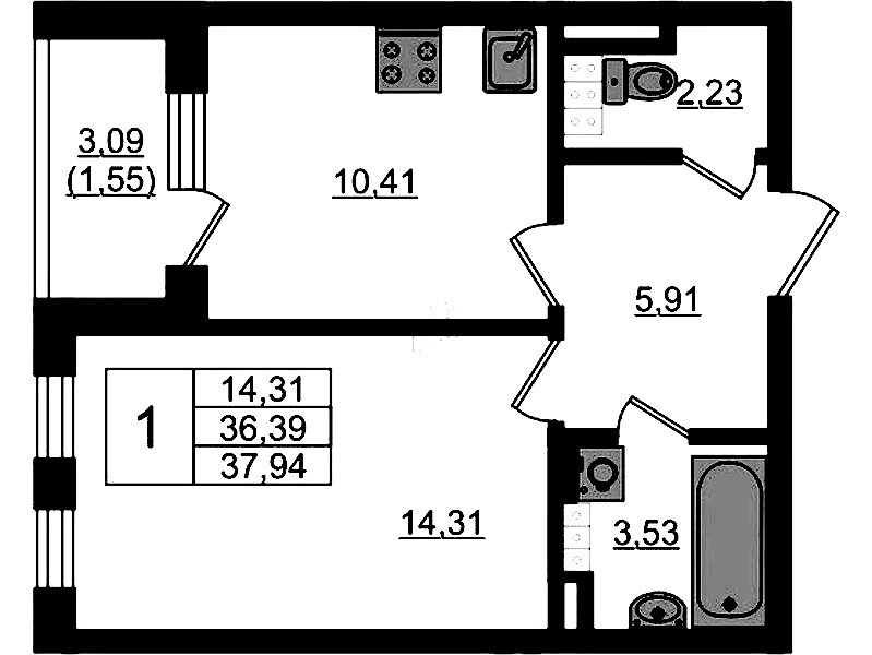 1-комнатная квартира 37.94 м², 4/4 эт., ЖК «Новая история»